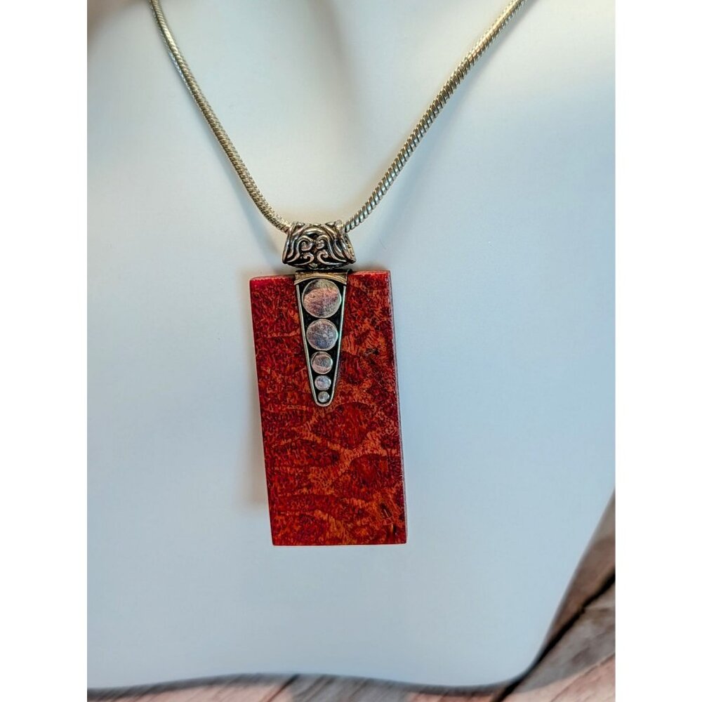 Red Sponge Coral Sterling Silver Pendant Necklace With 18" Long Chain Bohemian